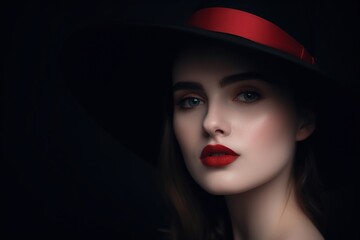 An elegant portrait of a woman hidden by a black hat. model with red lips and eye makeup on a dark background. Generative AI