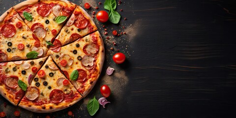 Top view of freshly delicious homemade pizza with cheese and tomato on rustic wooden table Italian restaurant delicacy.