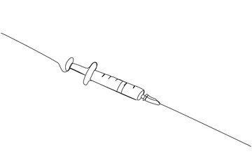 Syringe, injection, vaccination, medical supplies, equipment one line art. Continuous line drawing of medication, needle, healthcare, clinical, disposable, tool, narcotic, healthy, pandemic
