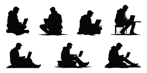 Man Sitting and Using Laptop Silhouette Set