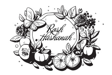 Sketch Rosh Hashanah greeting card. Shana Tova, Jewish New Year holiday. Honey jar, apple and pomegranate. Vector illustration