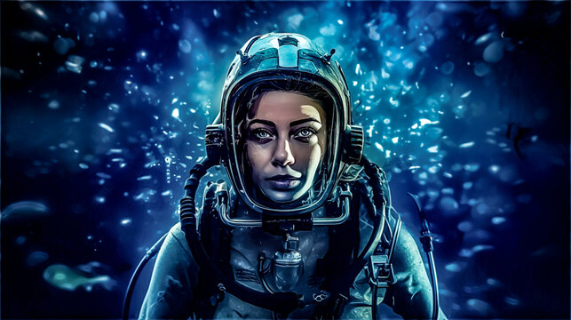 a painting of a woman underwater wearing diving equipment