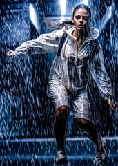a woman running in the rain, wearing a wet raincoat