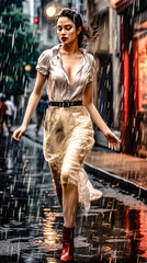 a woman walking down the street in the rain, wearing a wet white dress