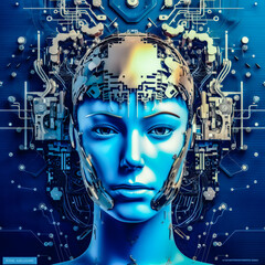 portrait of an AI woman's head with circuit on blue face, head and  background