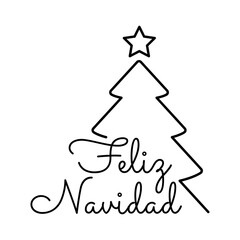 Tiempo de Navidad. Logo aislado con texto manuscrito Feliz Navidad en español con árbol de navidad lineal con estrella © teracreonte