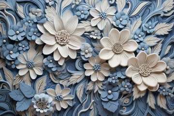 Behang Portugese tegeltjes Ornate blue white flower art. Generate ai
