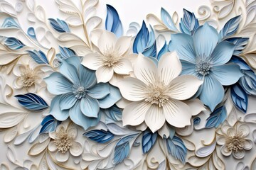 Ornate blue white flower art. Generate ai