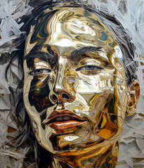 a painting of a woman with golden metallic face in transparence fluid surface, beautiful acrylic fluid portrait