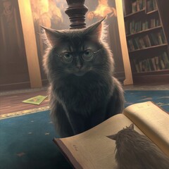 DarkGrey Nibelung cat with glasses and book in library in hofwarts style. AI generated