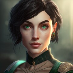 Face of dark hair and short haircut girl with green eyes and green outfit. Ai generated