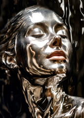 a woman's face covered in shiny silver paint