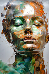 a painting of a woman face in transparent fluid surface with her eyes closed, beautiful acrylic fluid portrait