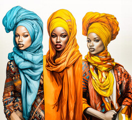 black woman model  wearing brightly colorful headscarves and scarves fashion