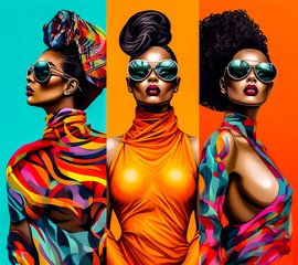 black woman model  wearing sunglasses and brightly colorful fashion