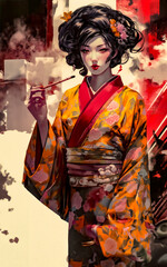geisha in kimono holding a cigarette