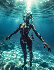 a woman in a diving suit and goggles in the water