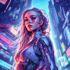 a cyberpunk women with long hair and robot body stand in front of future city