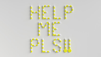 3d render of Yellow and white capsule pills arranged as the word 