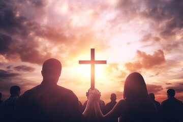 Worship concept:  christian people hand in hand over  cross on spiritual sky background, Generative AI