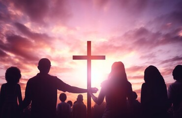Worship concept:  christian people hand in hand over  cross on spiritual sky background, Generative AI