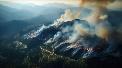 Aerial view of mountain forest fire. Generative AI