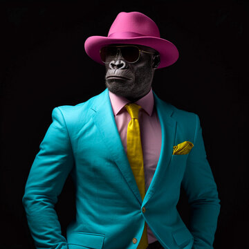 A dapper cyan gorilla yellow 3 piece suit vantablack, Generative AI