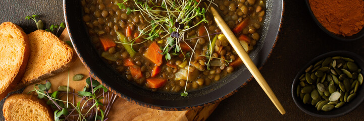 Healthy vegetarian lunches banner, brown lentil soup with tomatoes and carrots, potatoes and curry...