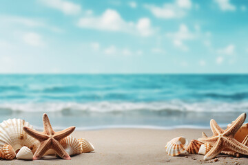 Fototapeta na wymiar Summer background with seashells and starfish on a sandy beach Copy space AI Generative