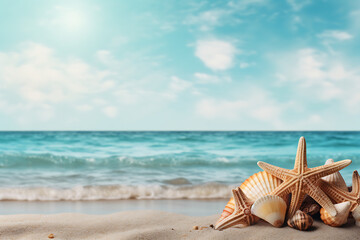 Fototapeta na wymiar Summer background with seashells and starfish on a sandy beach Copy space AI Generative