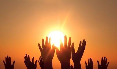 Free concept: Raised hands catching sun on sunset sky, Generative AI - obrazy, fototapety, plakaty