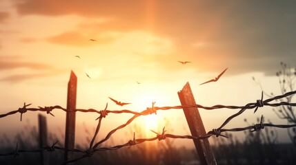 barbed wire broken at  sunset background, Generative AI