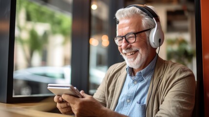 Obraz na płótnie Canvas elderly man using tablet and listening to music