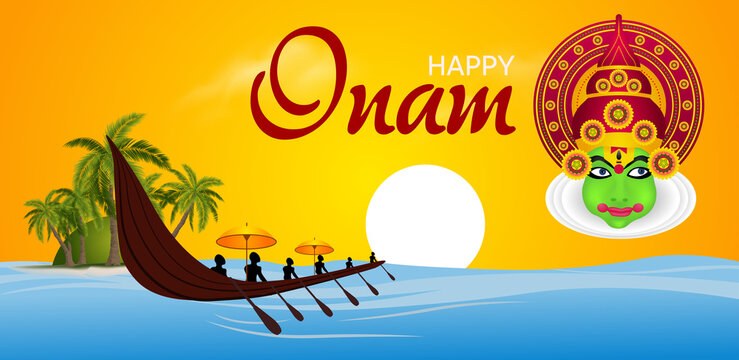 Happy Onam Celebrating in Kerala Indian Festival  kathakali and Kerala boat race