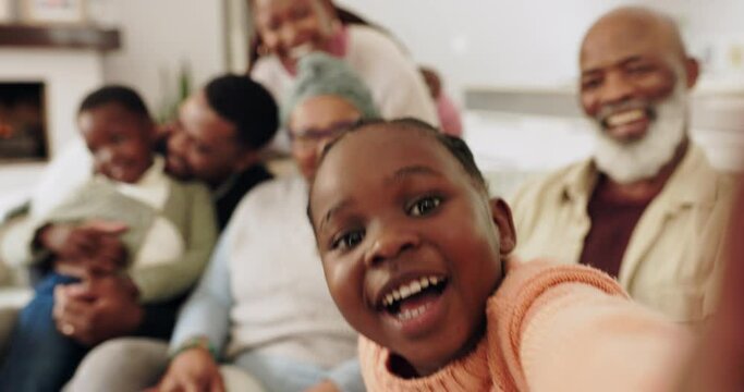 Black family, selfie and happy on sofa at home with mother, grandparents and children together. Social media, profile picture and portrait with African elderly people and kids laugh online with smile