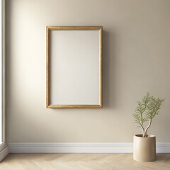 Frame mock-up in a home with plants. Vertical templates for artwork, painting, photo or poster. Modern interior, minimalism concept.