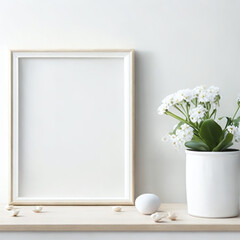 Frame mock-up in a home with plants. Vertical template for artwork, painting, photo or poster. Modern interior, minimalism concept.