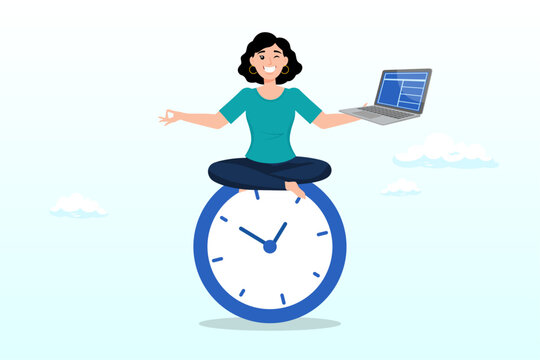  Young Lady Woman Working With Laptop While Doing Yoga Or Meditation On Clock Face, Flexible Working Hours, Work Life Balance Or Focus And Time Management While Working From Home Concept (Vector)