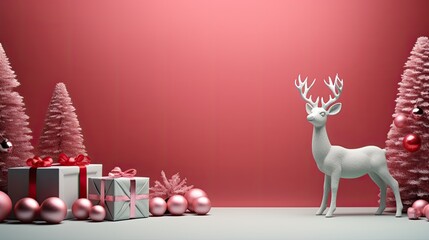 christmas greeting card with reindeer christmas gifts and balls christmas tree on red background