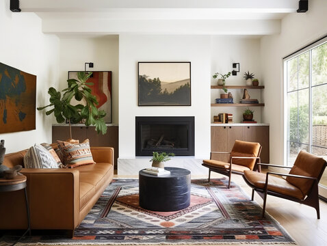 Mid-century style home interior design of modern living room. Brown leather sofa and chairs in room with fireplace.