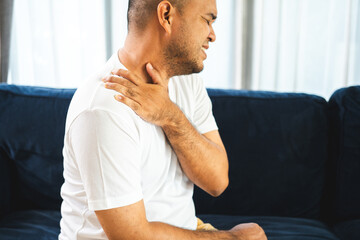Man has problem with structural posture Neck and shoulder pain. Massaged his neck and shoulders for...