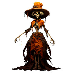 the skeleton wearing a beautiful orange dress on a transparent background