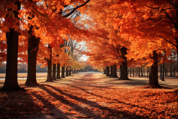 vibrant colors of autumn leaves on trees, creating a picturesque and serene scene Generative AI