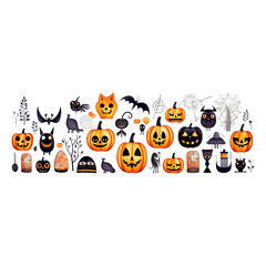 halloween pumpkins, scarecrows and bats stickers on a transparent background
