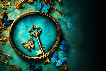 vintage romantic background with gold key, blue butterflies over beautiful geen blue background with gold old broken things with, AI elements