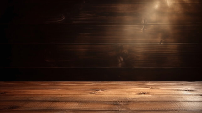 Brown table with smoky spotlight. empty wooden table. Product representation table. Created with generative AI.