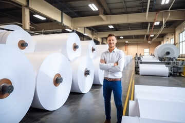 Paper mill factory male entrepreneur with Big White Paper Rolls Placed on the Floor. Generative AI. - obrazy, fototapety, plakaty