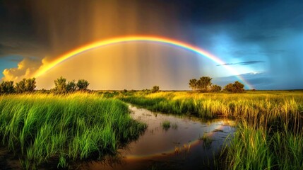 川に映る虹、くもり空と湿地帯の風景