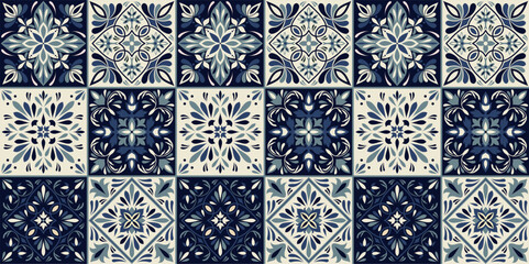 Seamless blue colorful patchwork in turkish style. Azulejos tiles patchwork. Portuguese and Spain decor. Islam, Arabic, Indian, ottoman motif.  - obrazy, fototapety, plakaty