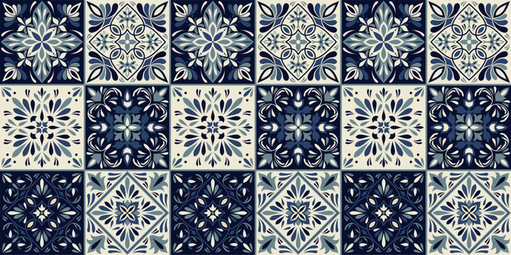 Seamless blue colorful patchwork in turkish style. Azulejos tiles patchwork. Portuguese and Spain decor. Islam, Arabic, Indian, ottoman motif. 